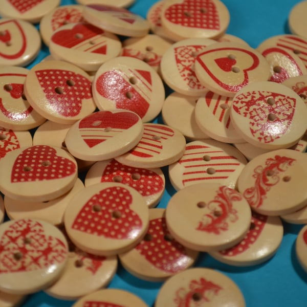 20mm Wooden Red Heart Buttons Love Random Button Mix (RH1)