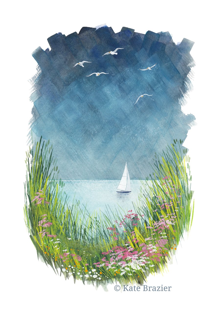 Bird's Eye View - Signed Limited Edition Print. Solitude. Sail boat.