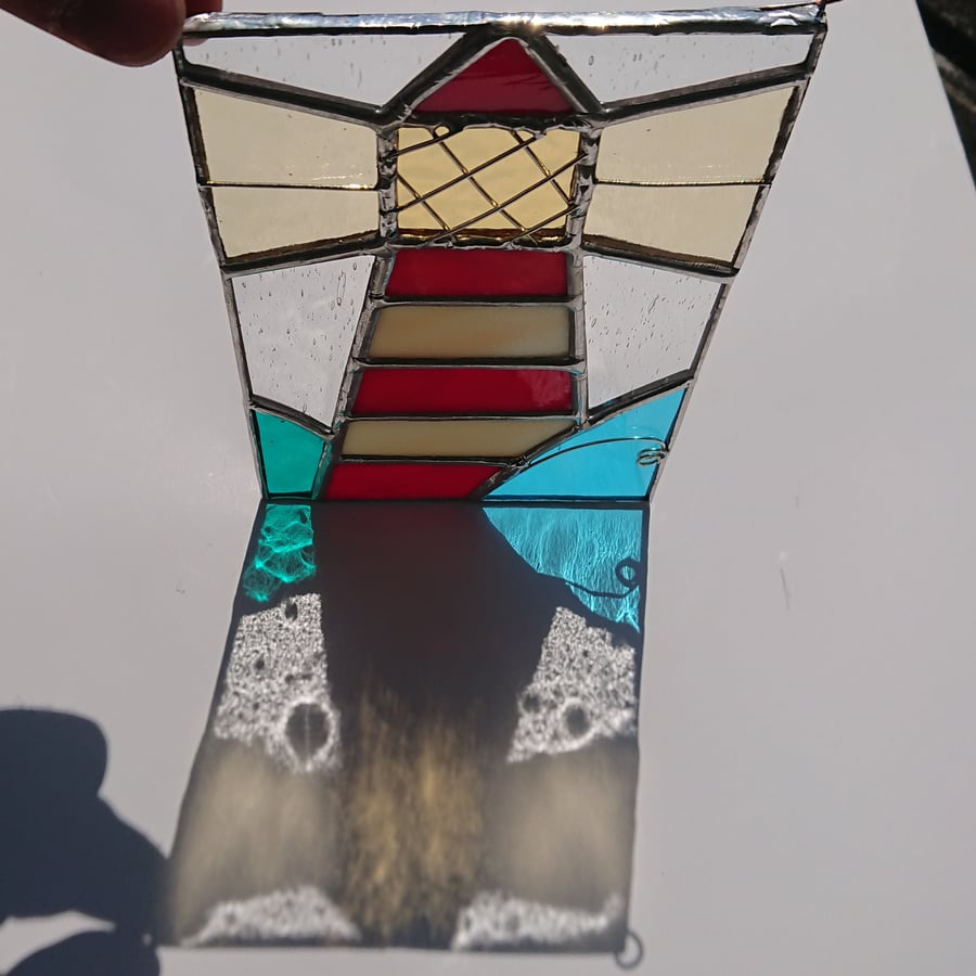 SOLD Stained glass red and white Lighthouse copperfoil panel. 
