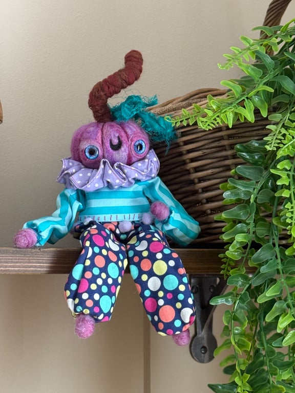 Purple Clown Needlefelted Pumpkin Art Doll