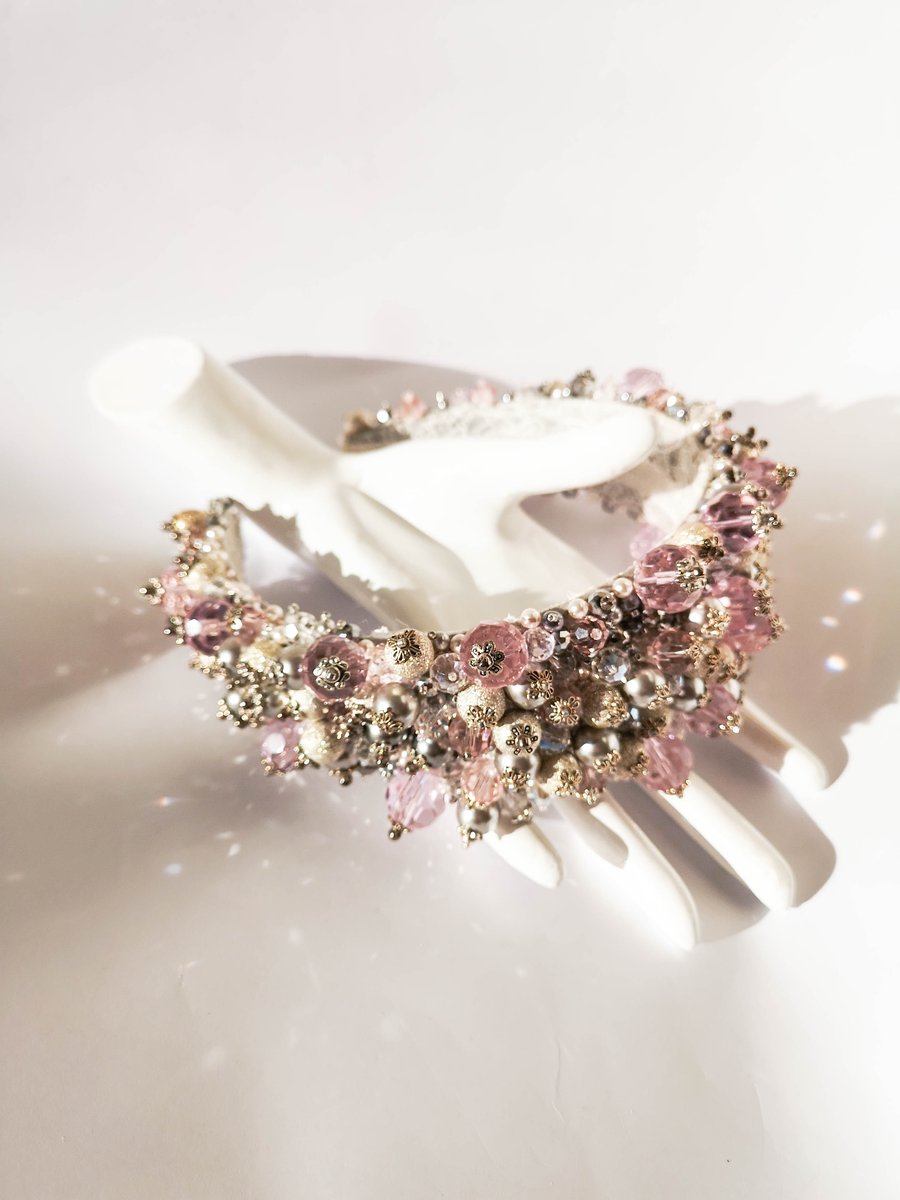 Ariana Austrian Crystal beaded pink rose and silver wedding bridal headband