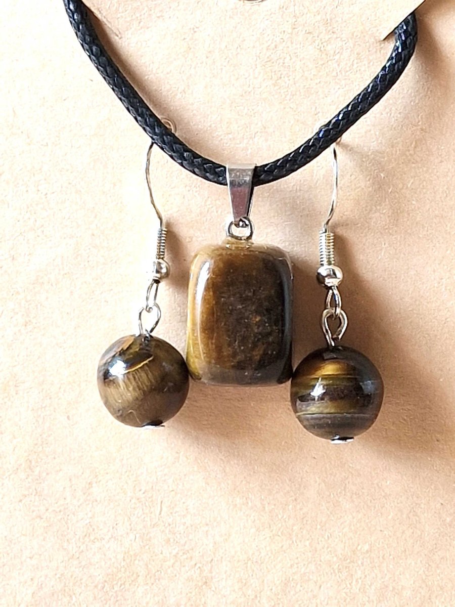 Tiger's Eye Jewellery Set - 925 Silver Hooks - Necklace & Earrings