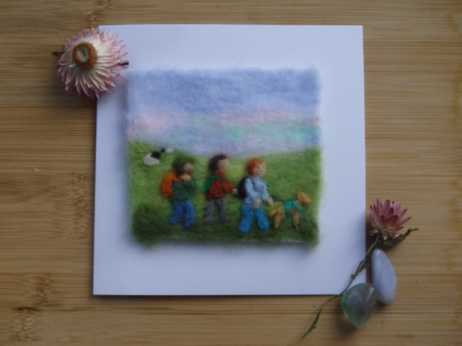 Handmade needle felted Walking Friends greetings card