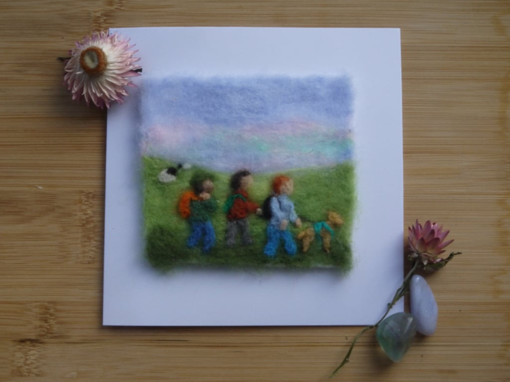 Handmade needle felted Walking Friends greetings card