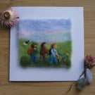 Handmade needle felted Walking Friends greetings card
