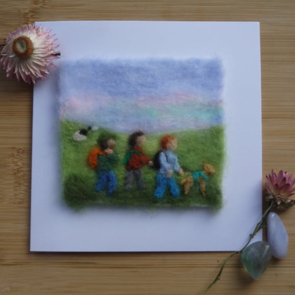 Handmade needle felted Walking Friends greetings card