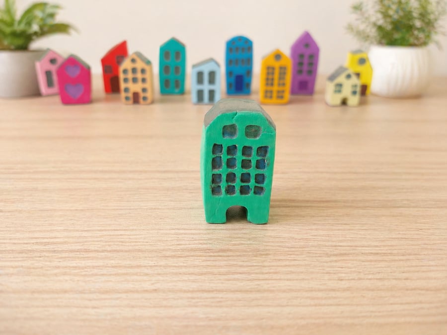 Handmade Mini Clay House - Green Painted Village Decor