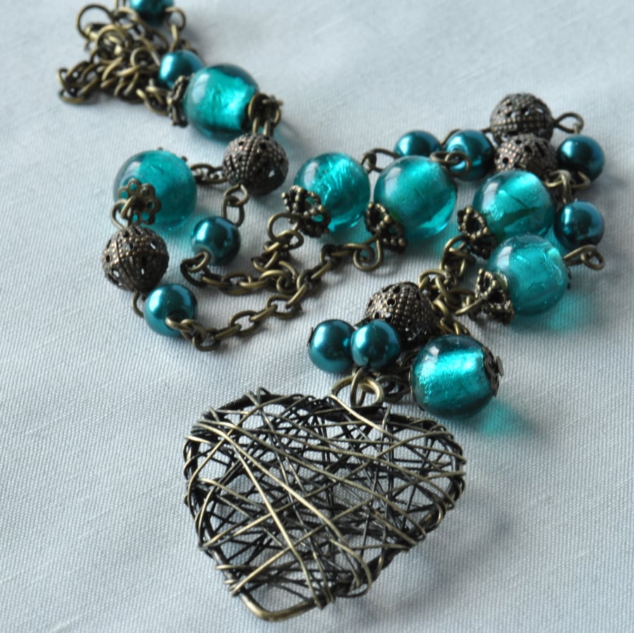 Lola Filigree Heart & Teal Bead Necklace