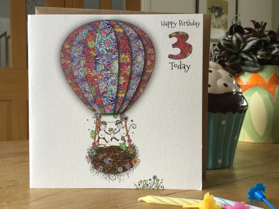 ‘Up in my Balloon’ Age 3 Birthday Card (Baby Monkey)