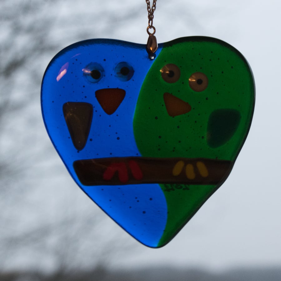 Lovebirds - Blue & Green Fused Glass - 9051