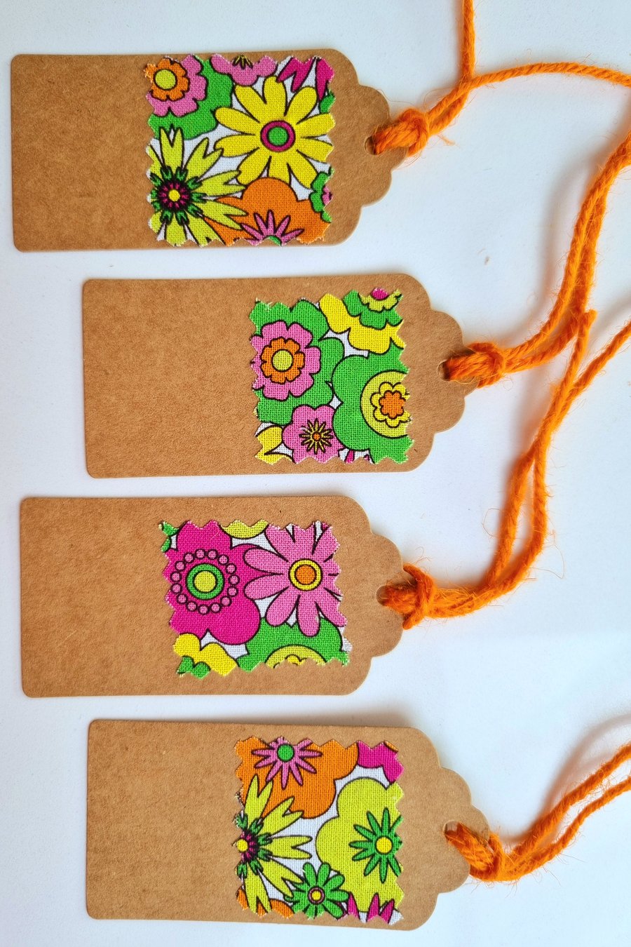 Retro Floral Fabric and Kraft Card Gift Tag, Blank, pack of 4, Orange Twine