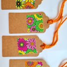 Retro Floral Fabric and Kraft Card Gift Tag, Blank, pack of 4, Orange Twine