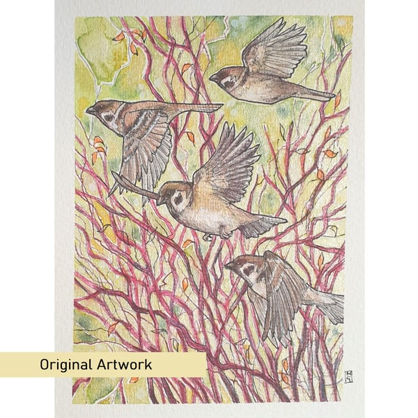 Sparrow flight original mixed media painting, bird artwork, wall art