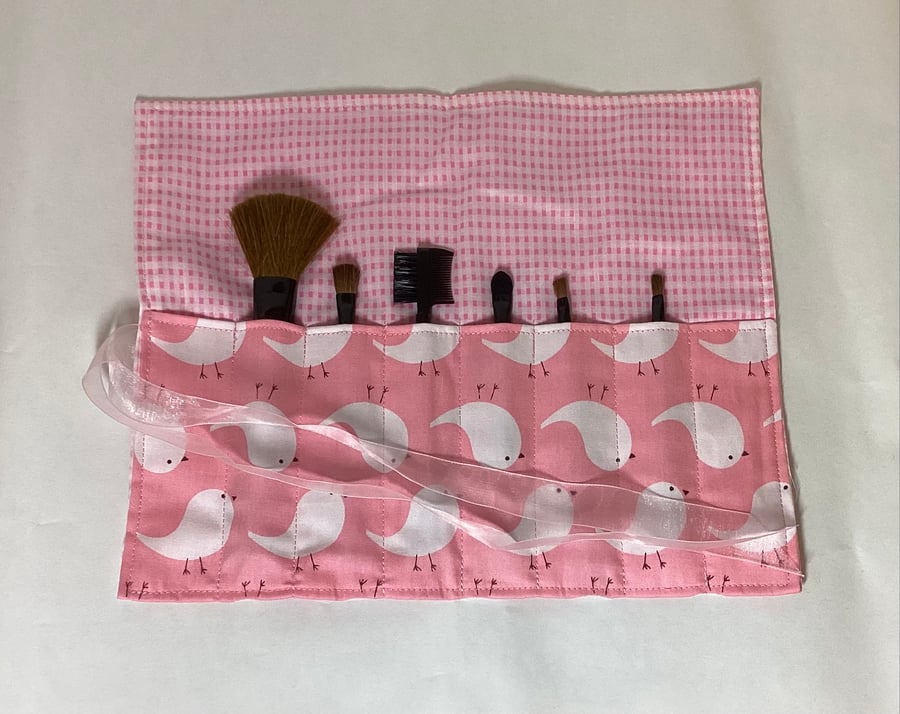 Make up brush roll, pink cotton with white birds