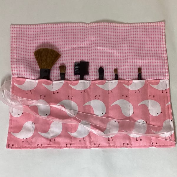 Make up brush roll, pink cotton with white birds
