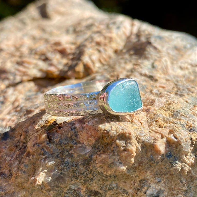 Gorgeous Cornflower Blue Sea Glass and Sterling Silver Ring- Size U - 1357