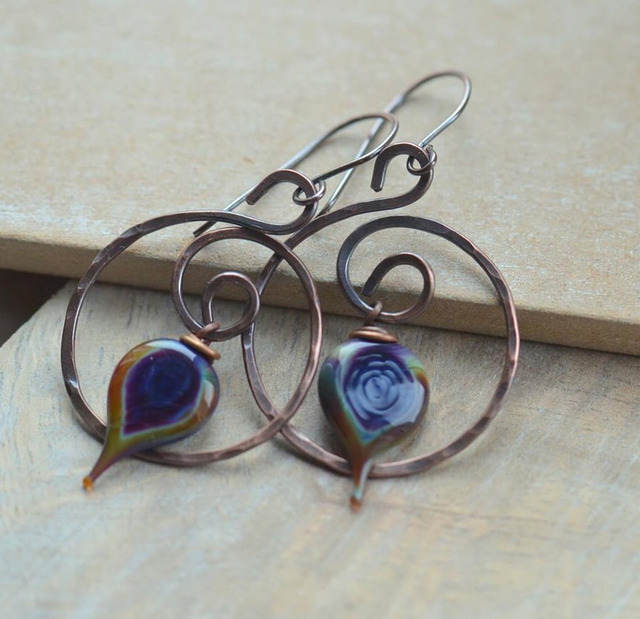 Dark Blue, Purple Lampwork Glass Leaf and Copper Earrings