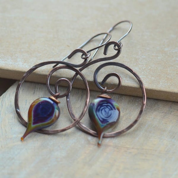 Dark Blue, Purple Lampwork Glass Leaf and Copper Earrings