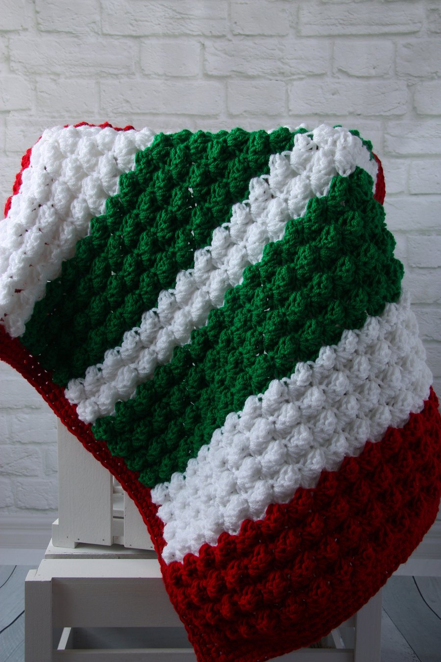 Handmade Baby Blanket in Red, Green and White, Christmas Blanket Gift, Crochet G