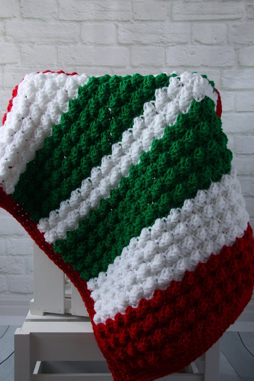 Handmade Baby Blanket in Red, Green and White, Christmas Blanket Gift, Crochet G