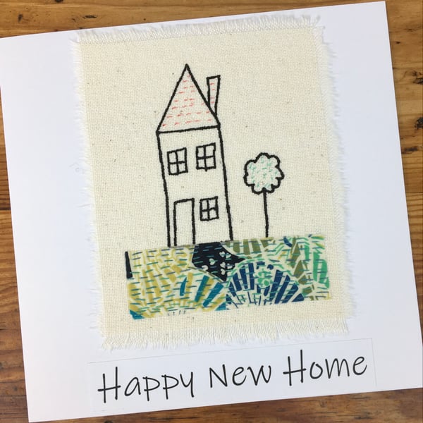 Happy New Home card, Handmade card, Embroidered Liberty’s of London fabric