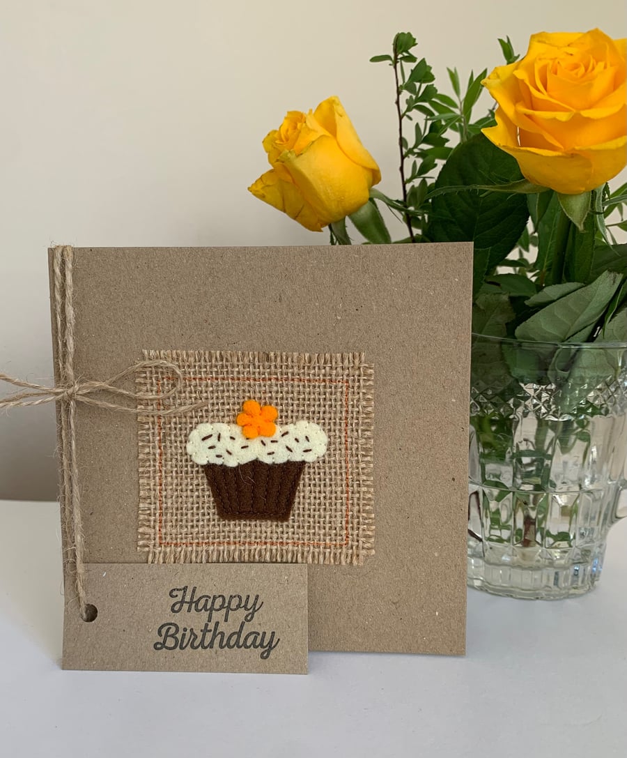 Birthday card. Chocolate cupcake with orange flower. Wool felt. Handmade Card.