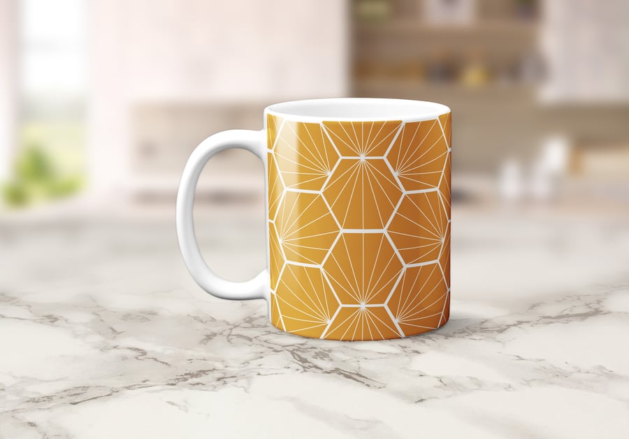 Butterscotch and White Hexagon Design Mug, Tea Coffee Cup