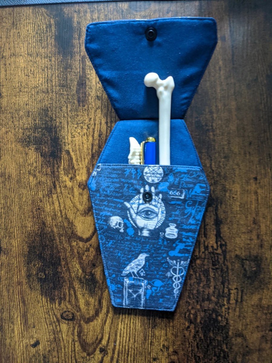 Occult Hamsa Coffin Case – Mystic Crow & Alchemy Pouch – Gothic Stationery 