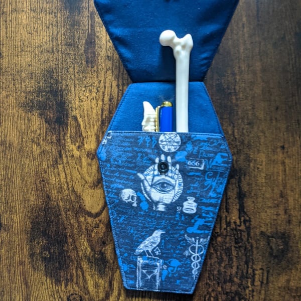 Occult Hamsa Coffin Case – Mystic Crow & Alchemy Pouch – Gothic Stationery 
