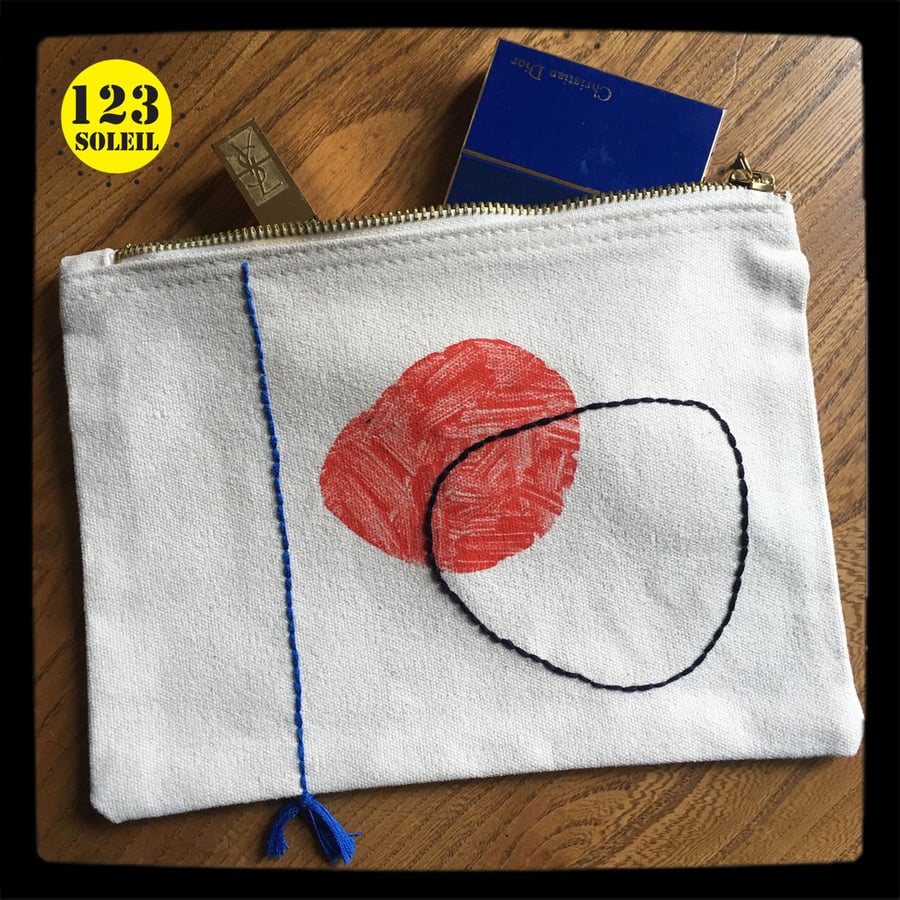 Multipurpose bag , Make-up bag, zipper cotton pouch, organiser ,hand print, red