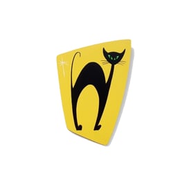 Hand Crafted Cat Gift, Yellow Cat Plaque, Mid Century Atomic Style Cat Art