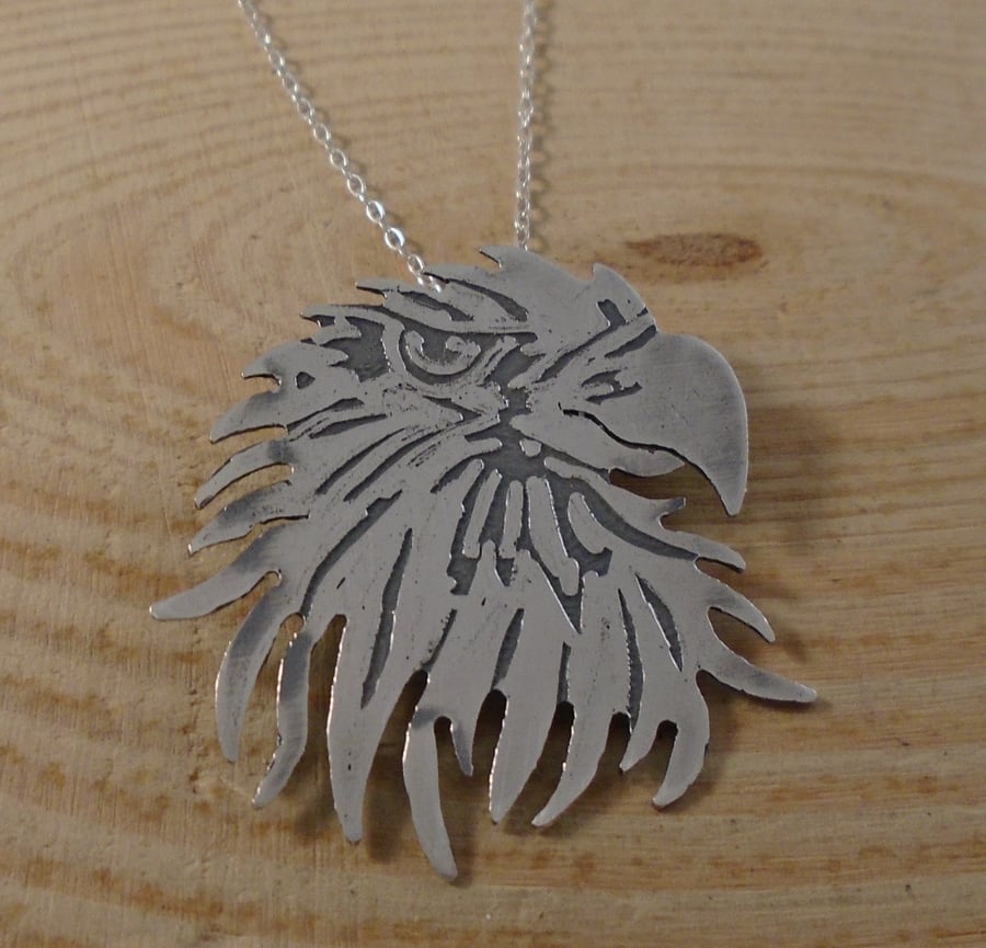 Sterling Silver Etched Eagle Head Necklace