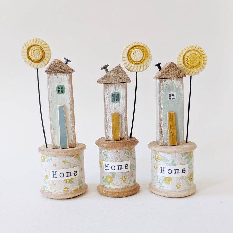 Little Wooden House on a Vintage Floral Bobbin with Clay Sunny Flower 'Home'