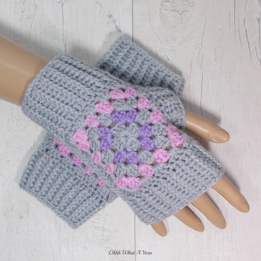 Pink grey and lilac granny square ladies crochet gloves, finger less gloves.  