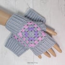 Pink grey and lilac granny square ladies crochet gloves, finger less gloves.  