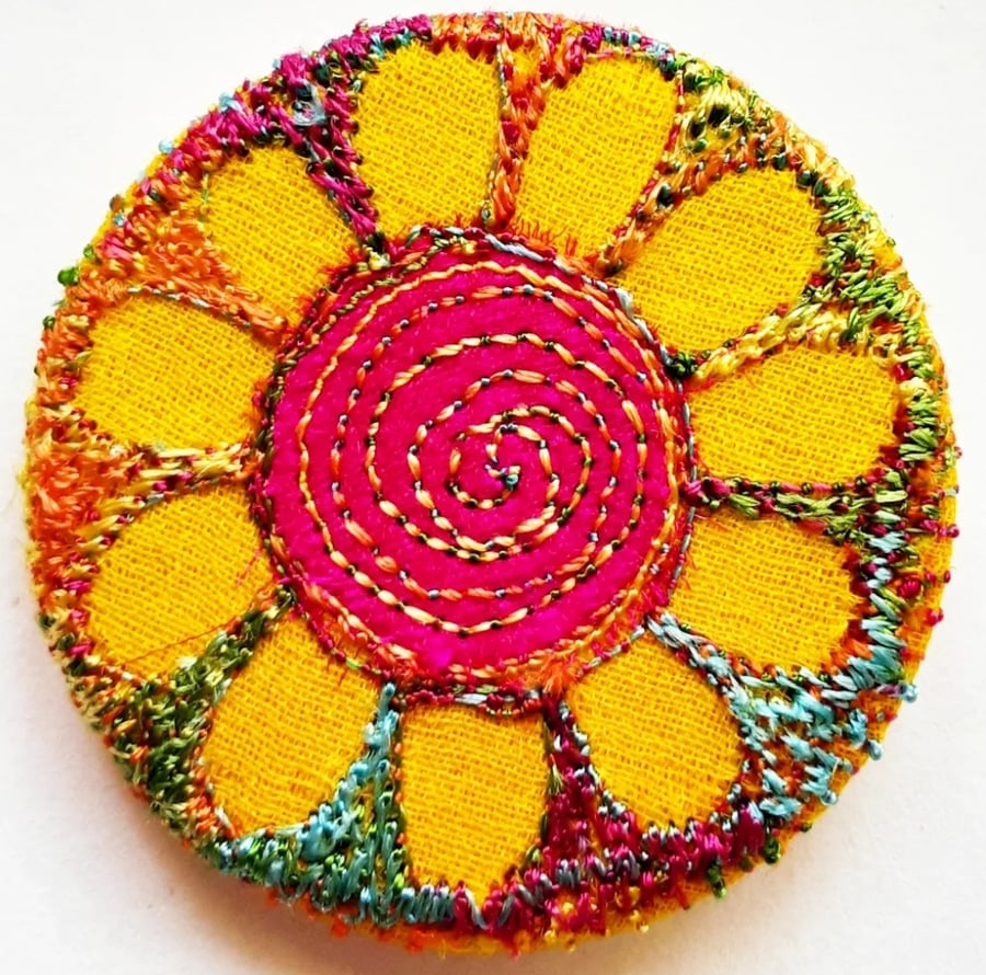 38mm Badge Hand Dyed Fabric Floral badge with Free Machine Embroidery 
