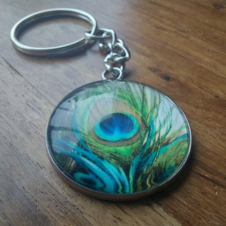 Peacock Feather Keyring 25mm Glass Cabochon