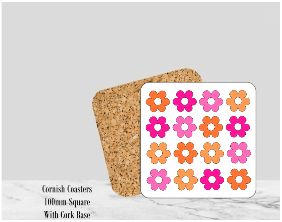 Flower Coaster  4" Square With Cork Base - Design 5
