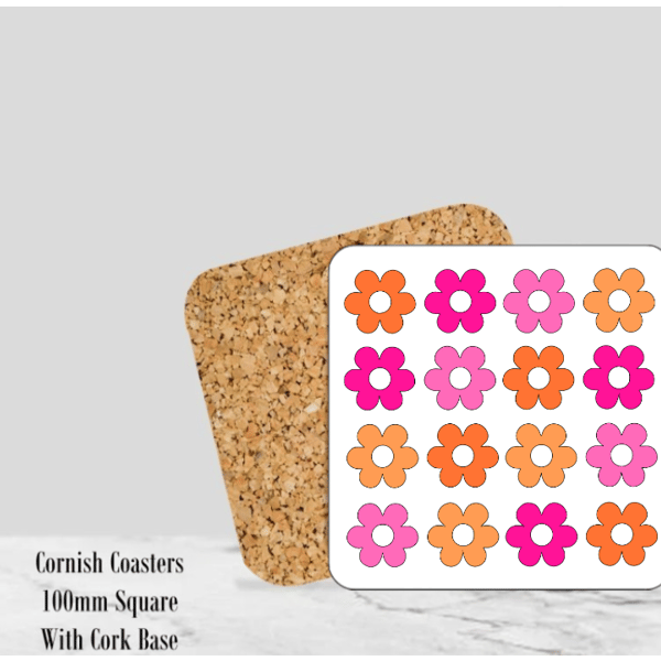 Flower Coaster  4" Square With Cork Base - Design 5