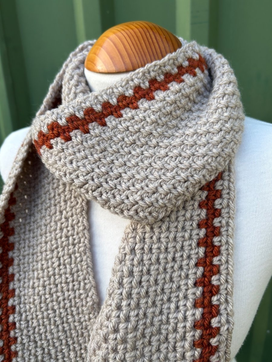 Beige and Rusty Brown Handmade Moss Stitch Scarf 