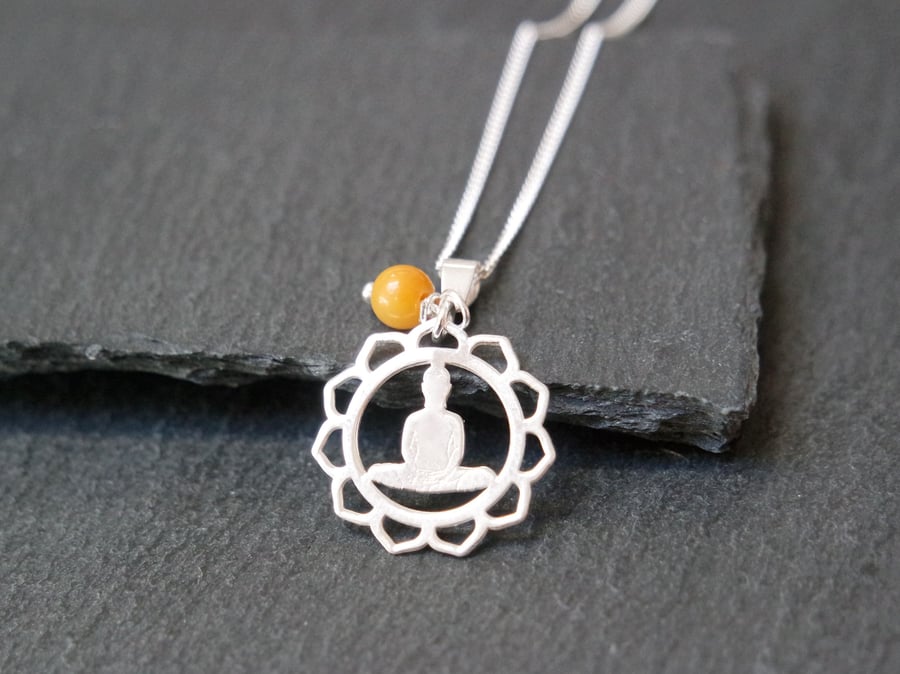 Sterling Silver Buddha Mandala Necklace - Jade orange yellow