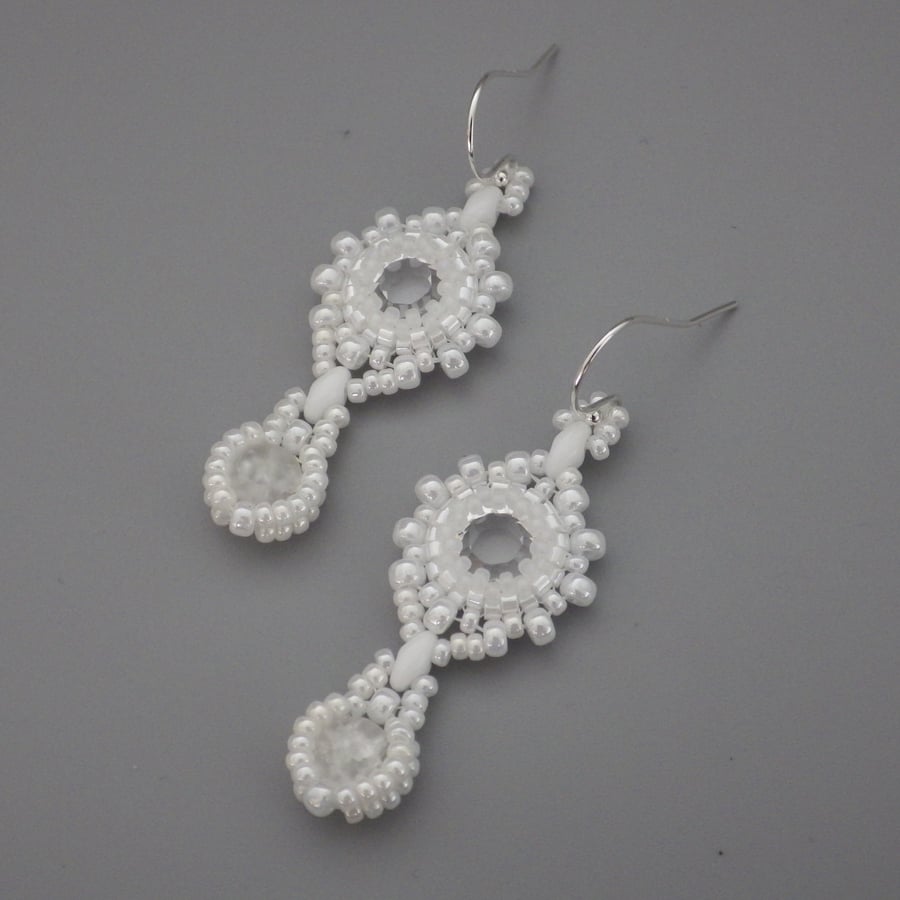 Beadwoven crystal Swarovski earrings with crackle rock crystal drops