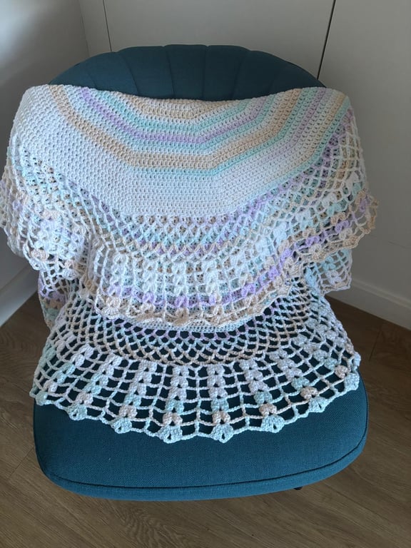 Crochet Circular Shawl White With Pastel Colours Really Pretty (J171)