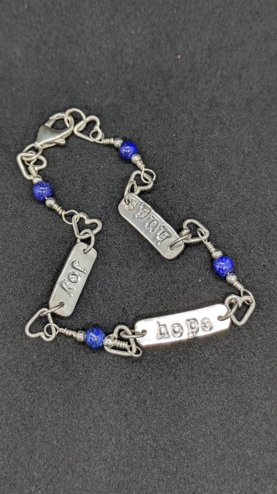 Silver bracelet, Handmade silver bracelet with hearts and stamped sentiments