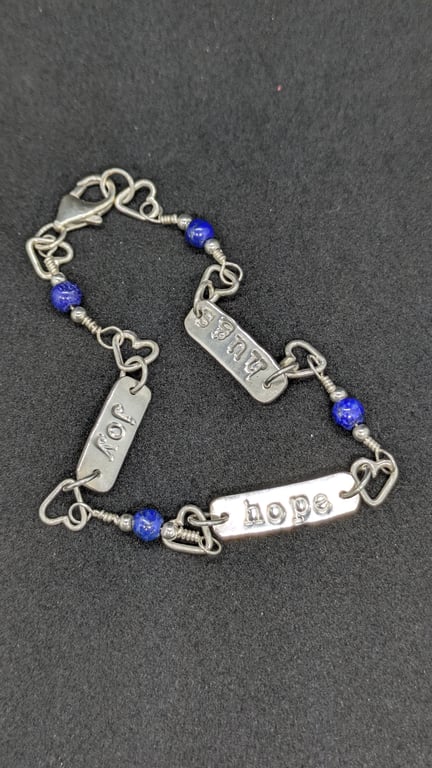 Silver bracelet, Handmade silver bracelet with hearts and stamped sentiments