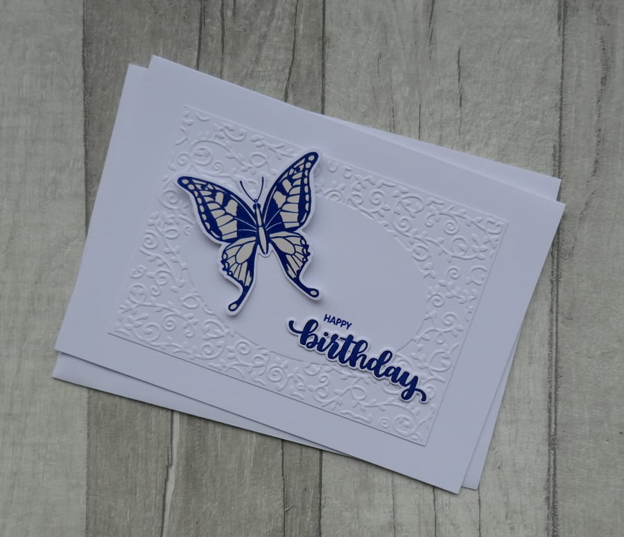 Birthday Card with Embossed Swirl Frame, Blue Butterfly & Happy Birthday