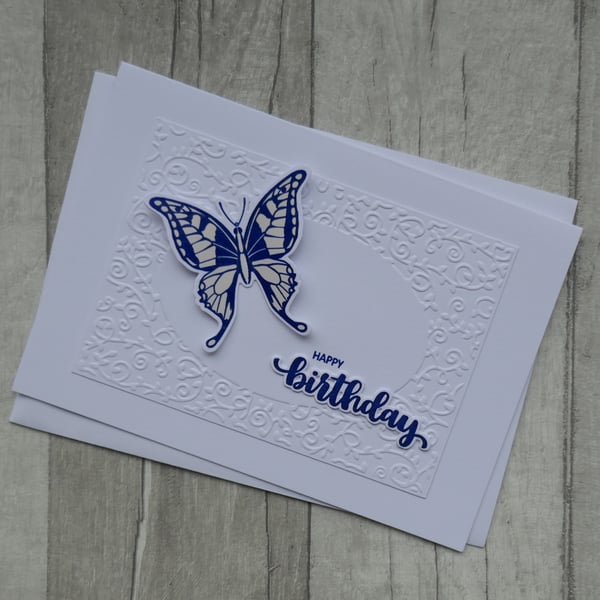 Birthday Card with Embossed Swirl Frame, Blue Butterfly & Happy Birthday