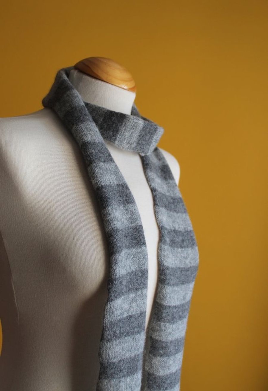 Grey Skinny Striped Scarf - Merino Lambswool and Shetland Wool - Handmade