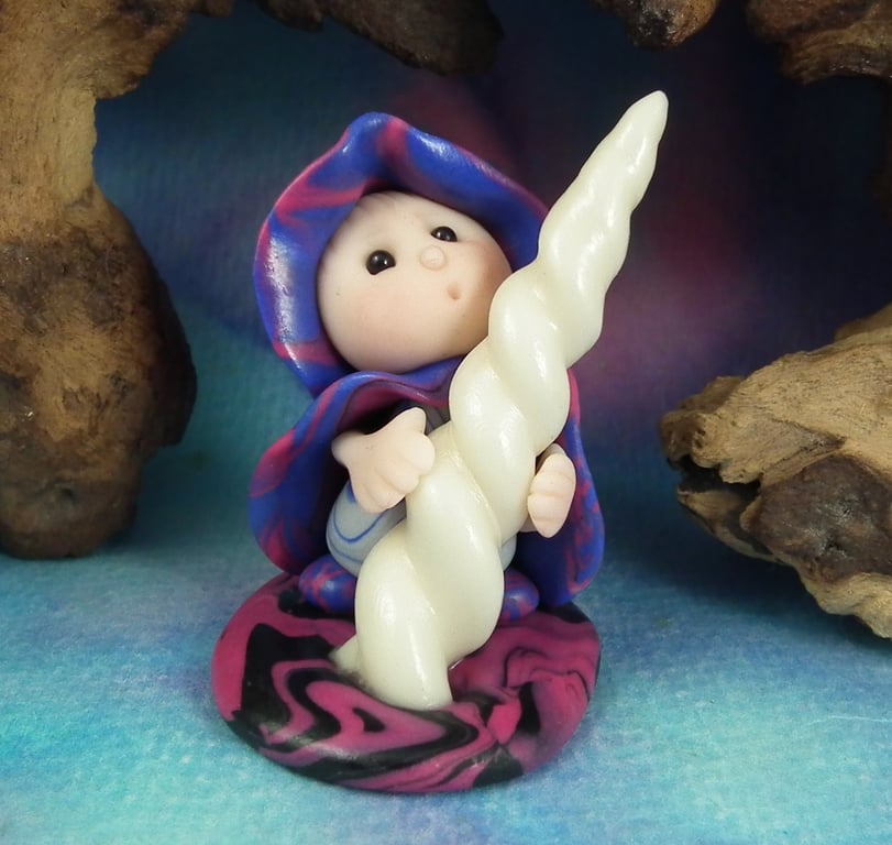 Tiny Forager Gnome 'Pandora' with glowing unicorn horn OOAK Sculpt
