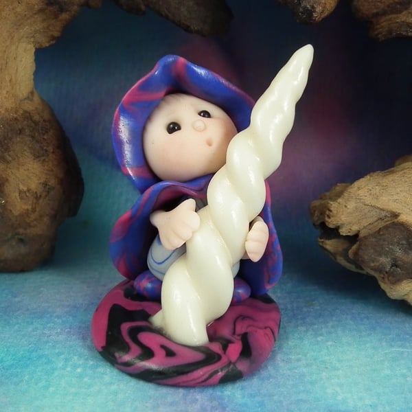 Tiny Forager Gnome 'Pandora' with glowing unicorn horn OOAK Sculpt